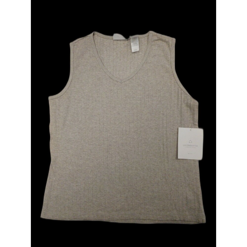 Liz Claiborne Beige Ribbed Knit Tank Top Size SP Small Petite V Neck Cotton Mini